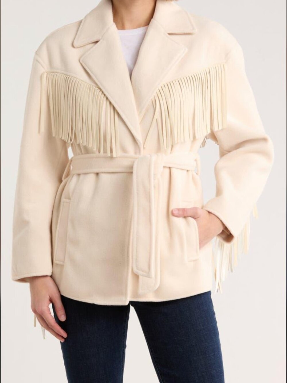 BLANKNYC Rodeo Star Belted Fringe Trim Coat Cream Western Jacket XS